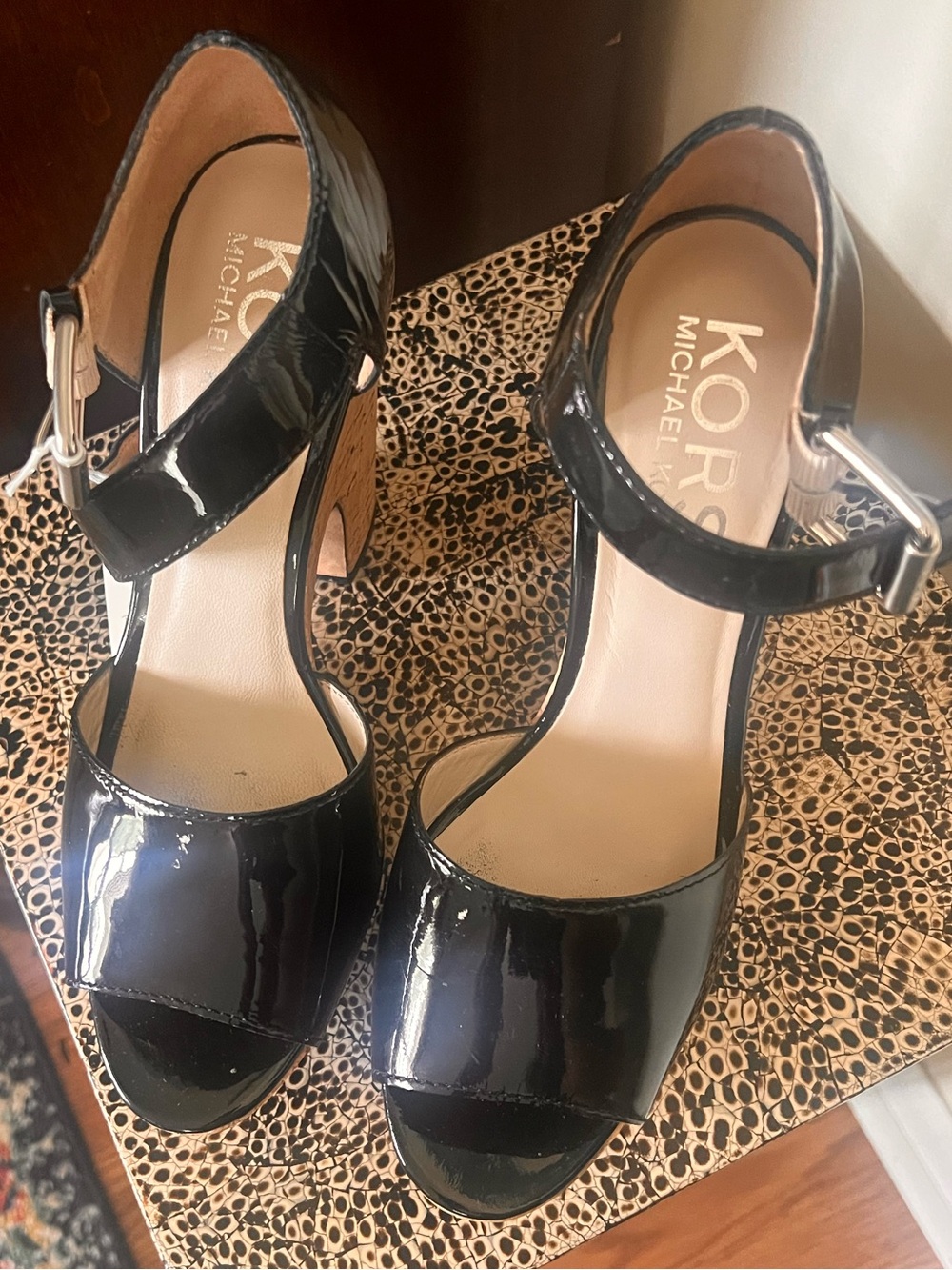 MICHAEL KORS Black Patent Leather Ankle-Strap Platform Heels